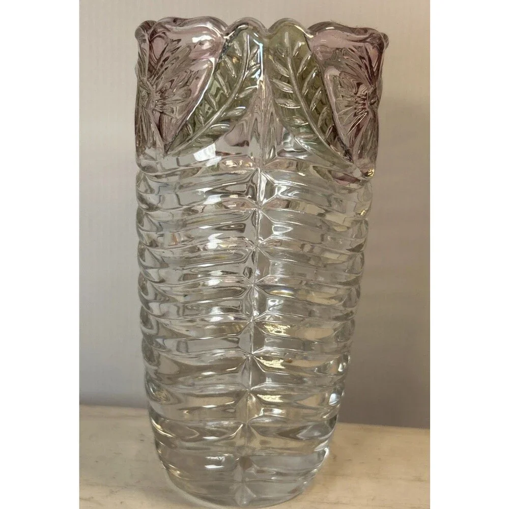Beautiful Clear Glass Vase With Raised Pink Rose & Leaf Design 7